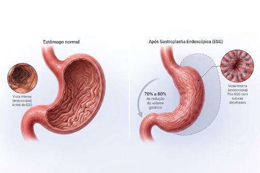 Diagrama comparando estômago antes e depois da Gastroplastia Endoscópica (ESG), com 70% a 80% de redução do volume gástrico